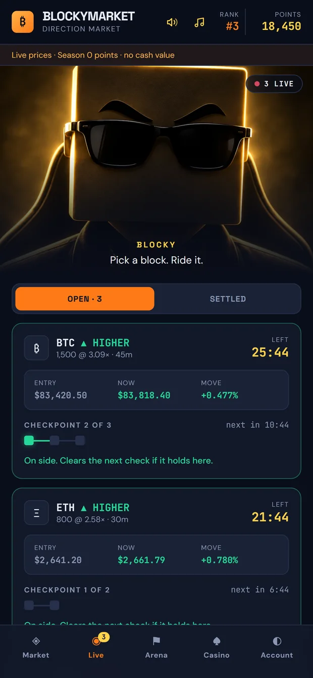 Live crypto calls in Blocky Market with checkpoint progress